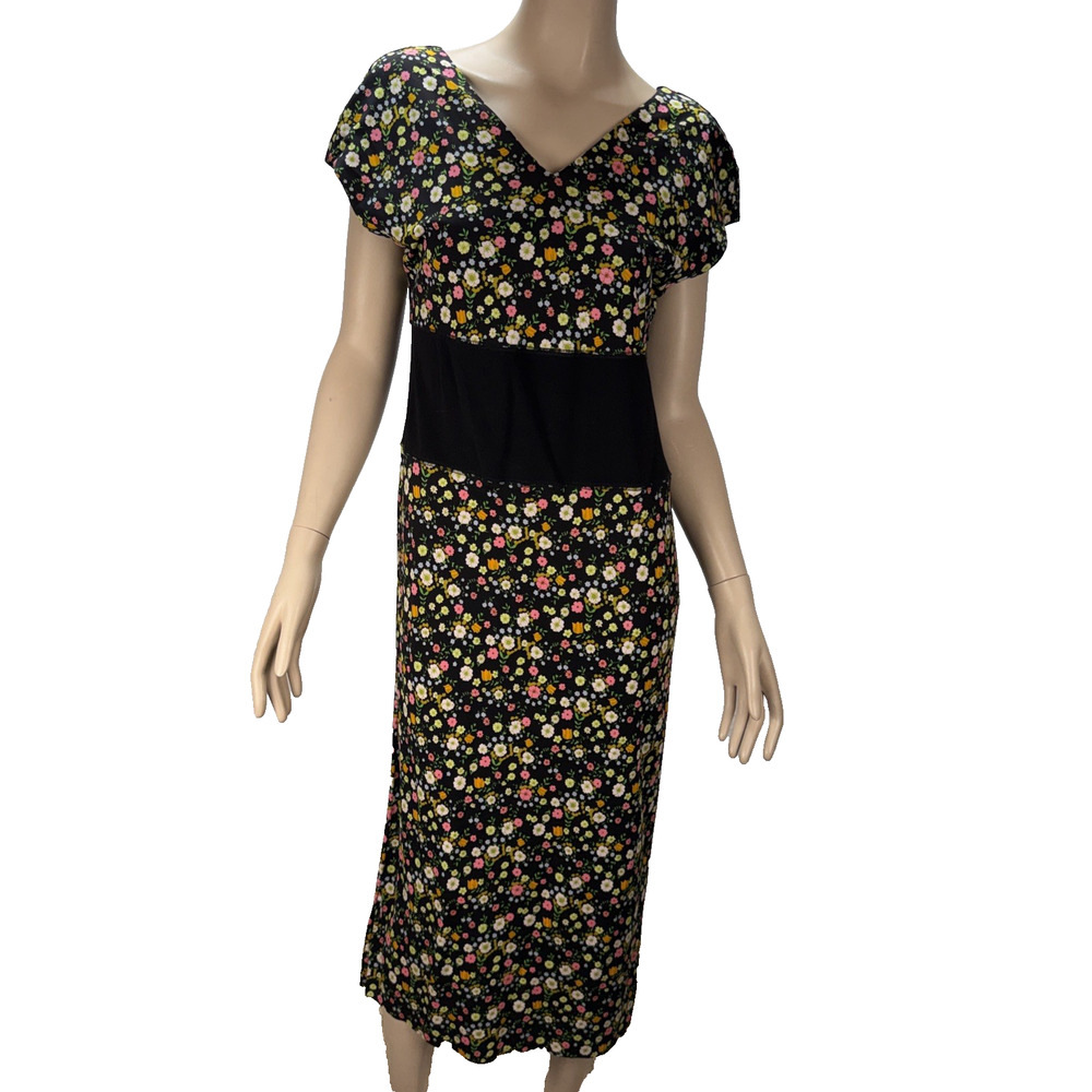 Tory Burch Black Garden Floral Midi Juillet Dress Size L Cap Sleeves V-Neck NWT